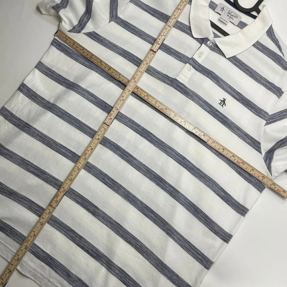 Original Penguin Mens XXL Striped Polo Shirt White Navy Blue Short Sleeve Cotton